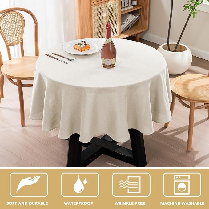 H.VERSAILTEX Linen Table Cloths Round 60 Inch Premium Tablecloth Spill-Proof Waterproof Table Cover for Dining Buffet Feature Extra Soft and Thick Fabric Wrinkle Free, Natural