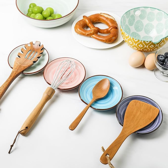 KitchenTour Spoon Rest for Stove Top, 4.7 inch Ceramic Spoon Holder for Kitchen Counter, Coffee Spoon Rest, Cooking Utensil Rest for Spatula, Set of 4, Assorted Warm Colors