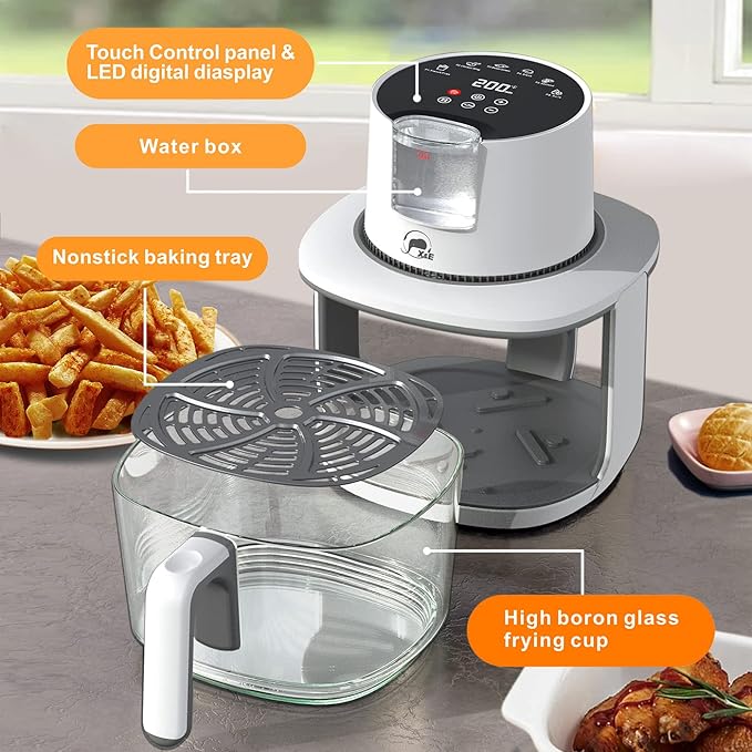 X&E 6-in-1 Glass Air Fryer,5QT Large Capacity, Up to 400°F High Heat,Food-Grade Borosilicate Glass,Easy-Clean Nonstick Basket, Smart Timer & Presets,Healthier, Less Oil Cooking