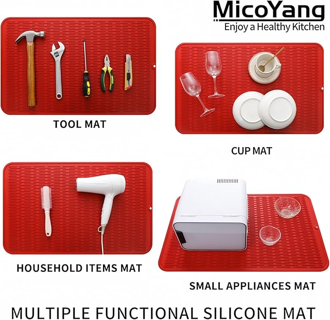 Silicone Dish Drying Mat for Multiple Usage,Easy clean,Eco-friendly,Heat-resistant Silicone Mat for Kitchen Counter or Sink,Refrigerator or Drawer Liner Red 3XL 28 inches x 18 inches