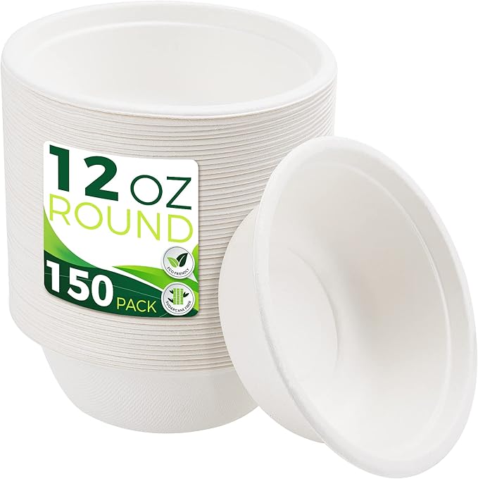 12oz Small Paper Bowls[150-Pack], Heavy Duty Bowls Perfect for Ice Cream, Milk Cereals, Snack, 100% Disposable Compostable and Eco-Friendly Made from Bagasse