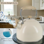 Lily's Home Whistling Tea Kettle, Teapot for Stovetop, Pleasant Whistle Sound, Heat Resistant Plastic Handle - Faux Wood Finish, Non Toxic Stove Kettle for Boiling Water - 2.5 Quarts (Cream)