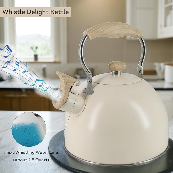 Lily's Home Whistling Tea Kettle, Teapot for Stovetop, Pleasant Whistle Sound, Heat Resistant Plastic Handle - Faux Wood Finish, Non Toxic Stove Kettle for Boiling Water - 2.5 Quarts (Cream)