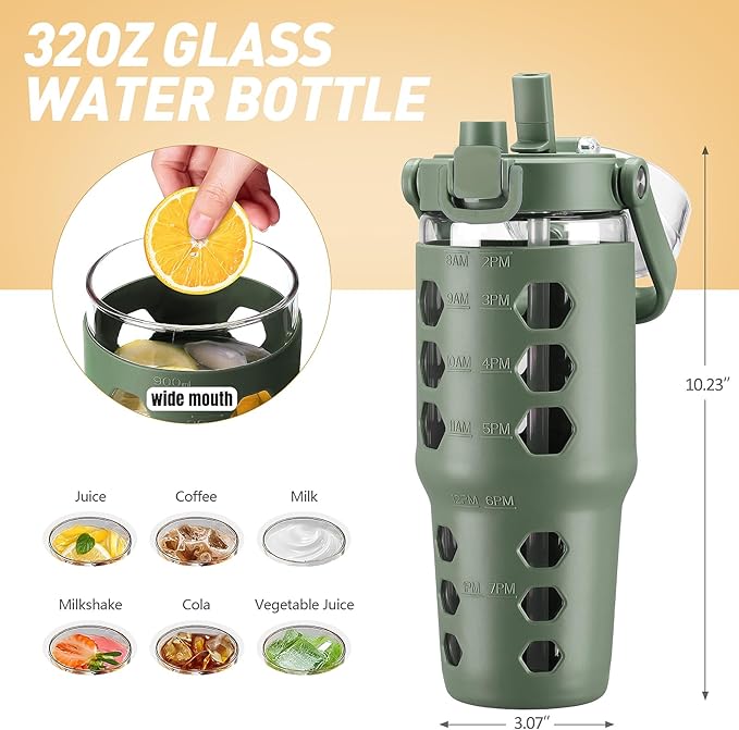 MUKOKO 32 oz Glass Tumbler with Straw,Glass Water Bottles with Time Marker,Iced Coffee Cup with Silicone Sleeve,Motivational Drinking Bottles,Leakproof-Olive