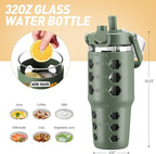 MUKOKO 32 oz Glass Tumbler with Straw,Glass Water Bottles with Time Marker,Iced Coffee Cup with Silicone Sleeve,Motivational Drinking Bottles,Leakproof-Olive