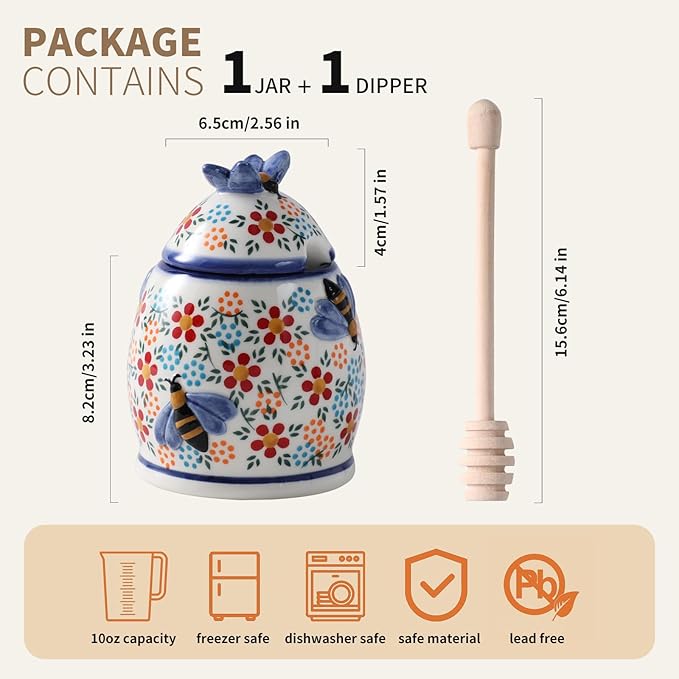 ZOOBEE 10oz Honey Jar with Dipper and Lid Farmhouse Style,Honey Pot with Dipper, Handpainted Honey Pot with Bees,Easily Wash-Spring Delight