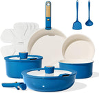 CAROTE 15Pcs Ceramic Cookware Set, Pots and Pans Set Non stick, Non Toxic Cookware Detachable Handle, Induction Cookware, Dishwasher/Oven Safe, RV/Camping, PFAS Free, Blue&Gold