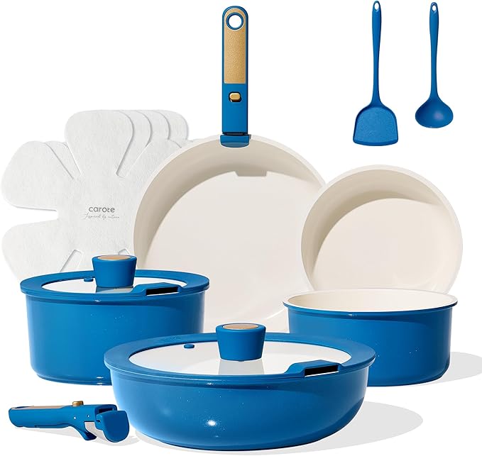 CAROTE 15Pcs Ceramic Cookware Set, Pots and Pans Set Non stick, Non Toxic Cookware Detachable Handle, Induction Cookware, Dishwasher/Oven Safe, RV/Camping, PFAS Free, Blue&Gold