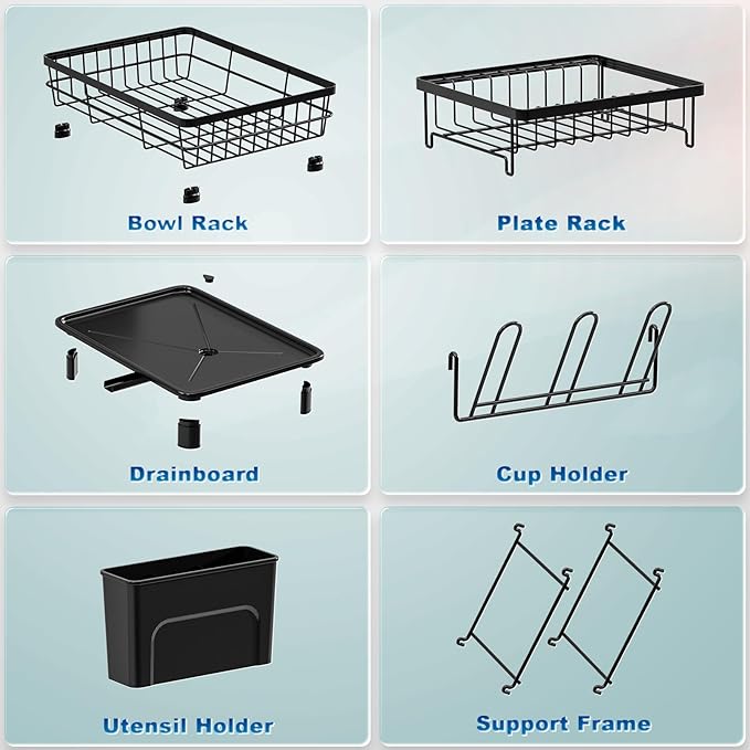 2 Tiers Dish Drying Rack, Space-Saving Dish Racks for Kitchen Counter, Dish Drainer Drying Rack with Drainboard, Utensil Holder Cups Holder Plate Rack and Automatic Drainage Drainboard, Black