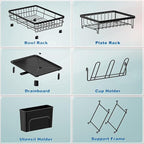 2 Tiers Dish Drying Rack, Space-Saving Dish Racks for Kitchen Counter, Dish Drainer Drying Rack with Drainboard, Utensil Holder Cups Holder Plate Rack and Automatic Drainage Drainboard, Black