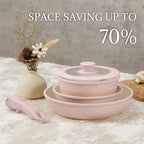 Ceramic Cookware Set Non Stick 8Pcs Pots and Pans Set Detachable Handle Induction Kitchen Cooking Set with Frying Pans Oven Dishwasher Safe, PFAS/PFOA Free, Pink