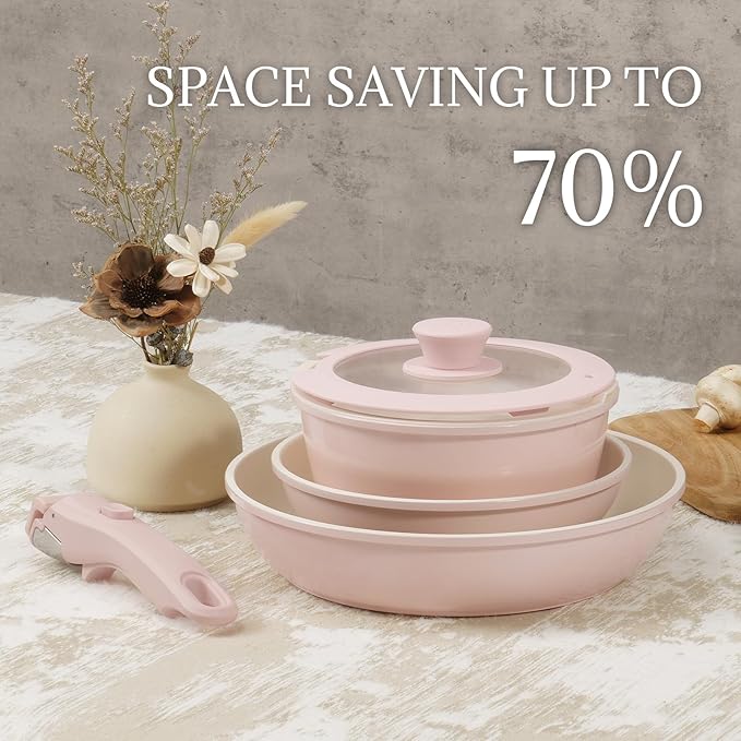 Ceramic Cookware Set Non Stick 8Pcs Pots and Pans Set Detachable Handle Induction Kitchen Cooking Set with Frying Pans Oven Dishwasher Safe, PFAS/PFOA Free, Pink