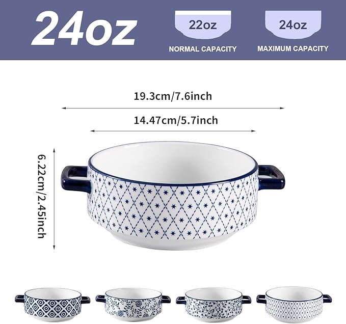 Soup Bowls with Handles - 24oz Ceramic French Onion Soup Crocks Serving Bowls for Pasta Cereal Beef Stew Pot Pies Casserole - Oven Microwave Dishwasher Safe - Set of 4, Blue