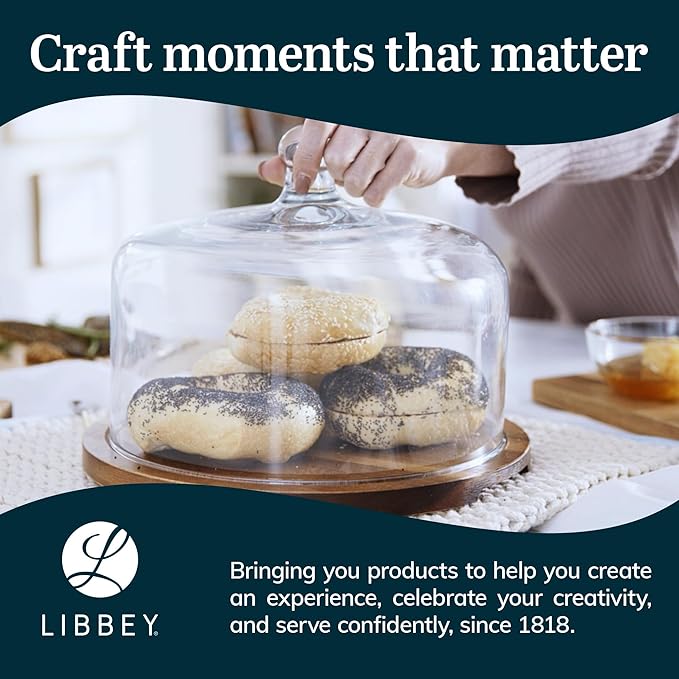 Libbey Acacia Wood Cake Stand with Dome Lid, Ball Top Handle Cake Holder with Lid, Covered Cake Stand, Durable Glass Dome Cover