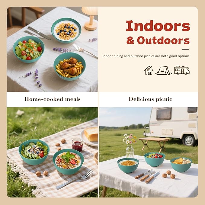 6-piece Wheat Straw Bowls sets 26oz,Alternative Plastic Bowls Reusable for indoors and outdoors,Microwave-able and Dishwasher Safe Bowls Sets Easy to Clean.Green Series