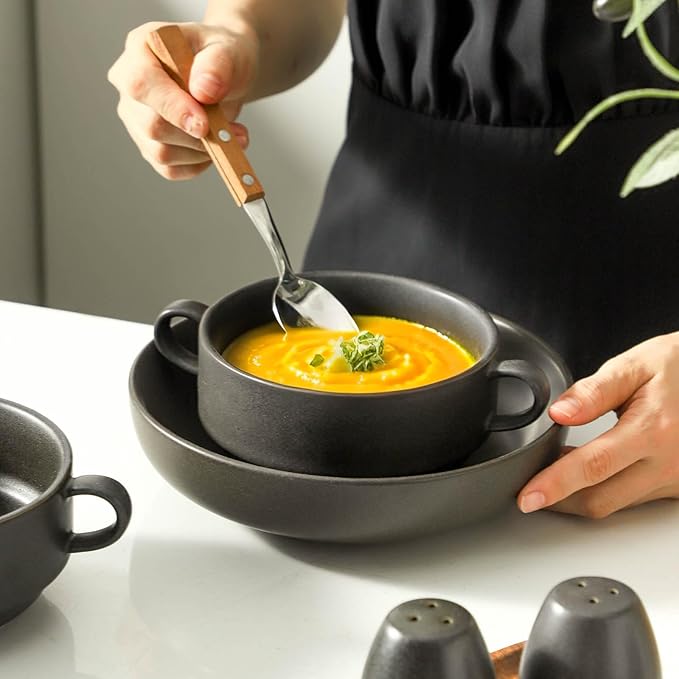 Soup Bowls, 22 oz French Onion Soup Bowls with Handles, Stackable Ceramic Bowls Set of 4, Dinner Bowls for Chili, Beef Stew, Soup, Cereal, Oven Microwave Dishwasher Safe, Matte Black