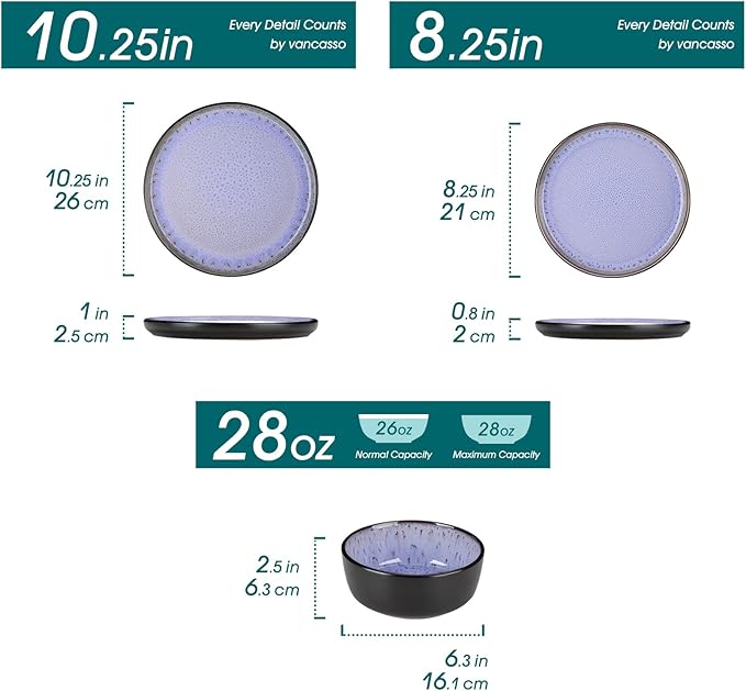 vancasso Plates and Bowls Sets, 24 Pieces Stoneware Dinnerware Sets for 8, Kitchen Dish Set Mircowave and Dishwasher Safe Dinner Set Ceramic Dishware, Light Purple, Series AMBER