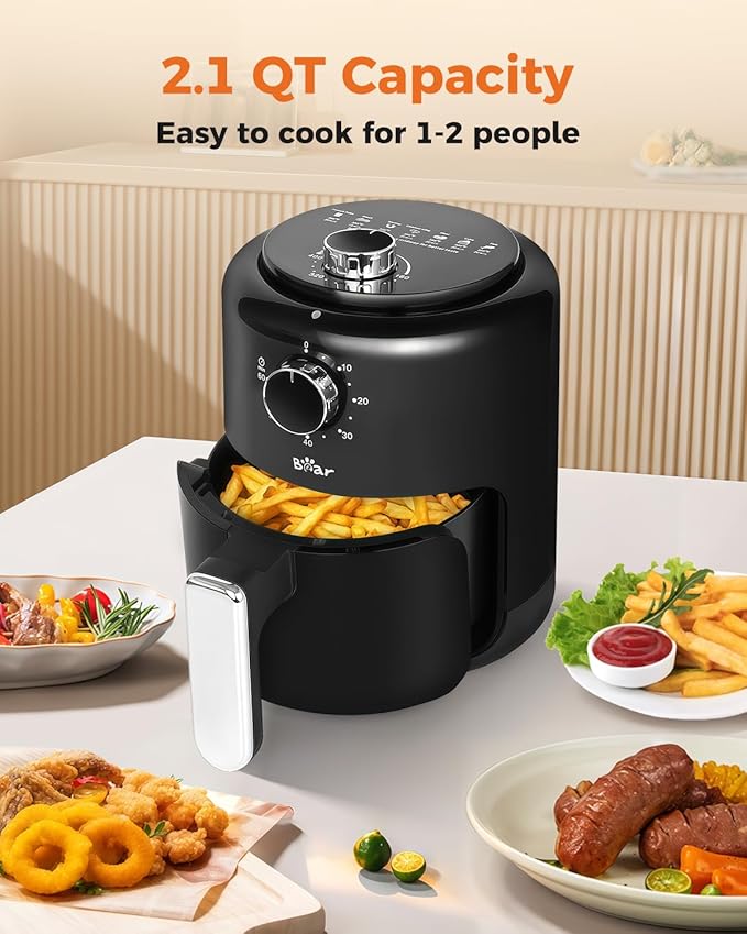 Bear Small Air Fryer 2.1 QT, Mini Airfryer Adjustable Time&Temp Control, Compact Size Space Saving for 1-2 People Quick Healthy Meals Snack in Minutes with Nonstick Basket