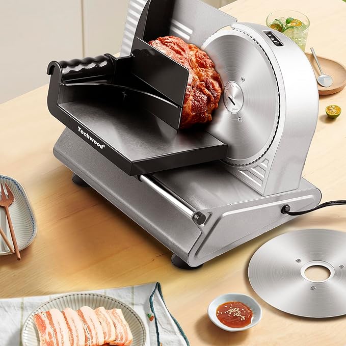 Meat Slicer, Techwood 150W Electric Slicer for Home Use with 2 Removable 7.5" Stainless Steel Blade, Deli Cheese Fruit Vegetable Bread Cutter with Adjustable Thickness, Easy to Clean, Silver