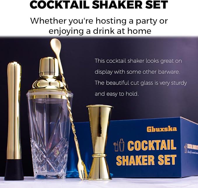 Cocktail Shaker Set - Glass Mixed Drink Shakers Cocktail Set, Martini Shaker with Strainer for Bars, Whiskey, Cocktails (Gold Set)