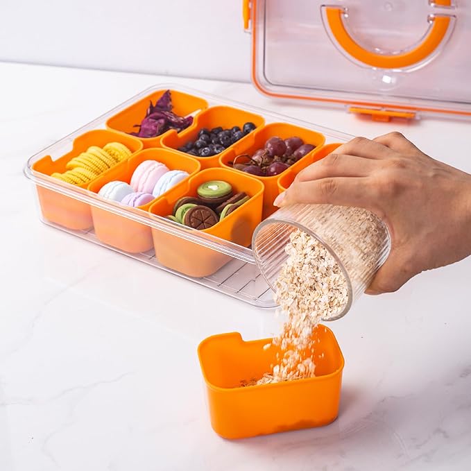 Divided Snack Serving Tray with Lid and Handle Travel Snackle Charcuterie Container Portable Storage Organizer for Candy, Fruits, Nuts, Snacks, Party, Picnic (1pack, Orange)