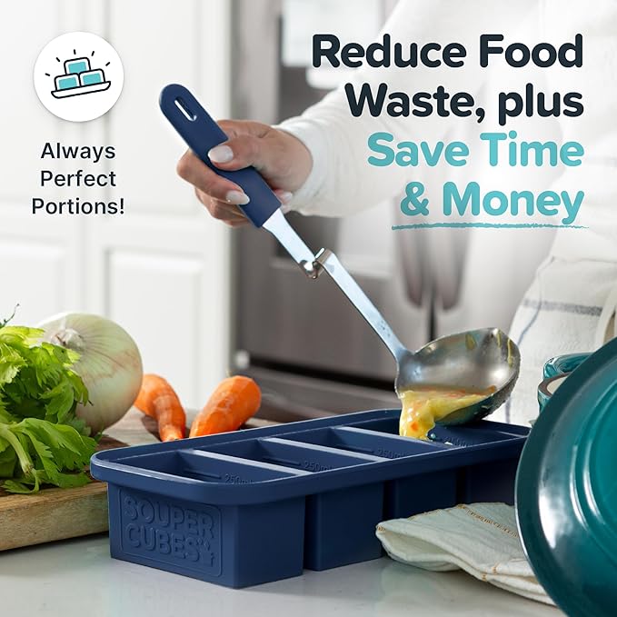 Souper Cubes 1 Cup Silicone Freezer Molds with Lids - Soup Cubes Freezer Tray with Lid - Perfect for Freezing Broth, Rice, Individual Portions, Meal Prepping and More - Blueberry - 2-Pack