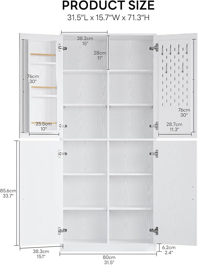 IRONCK 71" Kitchen Pantry Storage Cabinet with Storage Rack, Pegboard Doors, 4 Adjustable Shelves, Food Pantry Cabinet, Freestanding Tall Cupboard for Dining Room, Kitchen, White