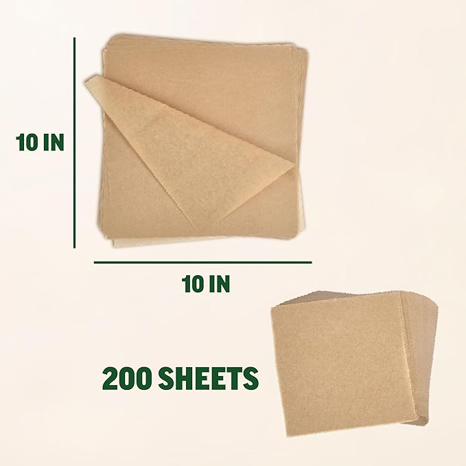 Zenlogy 10x10 Parchment Paper Squares (200 Sheets), Unbleached, High Heat, Non-stick, Pre-cut Baking Paper - Fits 10x10 Square Pans, Toaster Oven Trays, Air Fryer, Dehydrator - Baking and Roasting