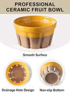 Gomakren Fruit Bowl with Holes, Ceramic Berry Basket Set of 2, 5.8 Inch Round Fruit Storage Containers, Strawberry Baskets, Farmhouse Kitchen Decor, Yellow + Brown