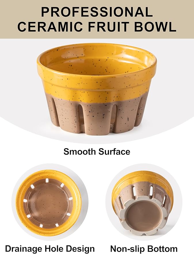 Gomakren Fruit Bowl with Holes, Ceramic Berry Basket Set of 2, 5.8 Inch Round Fruit Storage Containers, Strawberry Baskets, Farmhouse Kitchen Decor, Yellow + Brown