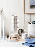 LE TAUCI Stackable Espresso Cups 4 oz with Saucers and Stand, Ceramic Embossment Coffee Cup for Double shot, Lungo, Ristretto, Dishwasher Oven Safe - Set of 4, Arctic white