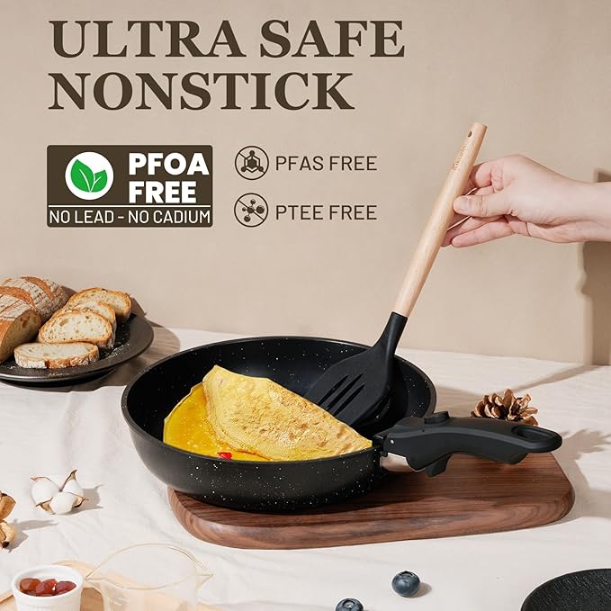 KIKCOIN 20 Pcs Pots and Pans Set Non Stick, Detachable Handle Cookware Sets Nonstick, Non Toxic Induction RV Kitchen Cooking Set with Removable Handles, Dishwasher/Oven Safe, Easy Clean (Black)