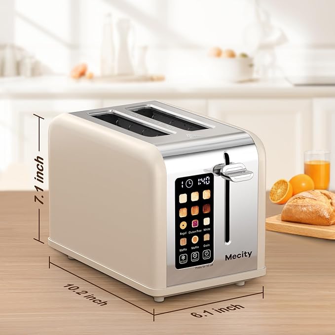Mecity 2 Slice Touch Screen Toaster, 1.5" Wide Slot, Stainless Steel Smart Toaster for Bagels, Muffins, Waffles, Gluten-Free Breads, Defrost, Reheat, Timer, 120V 825W, Cream Color