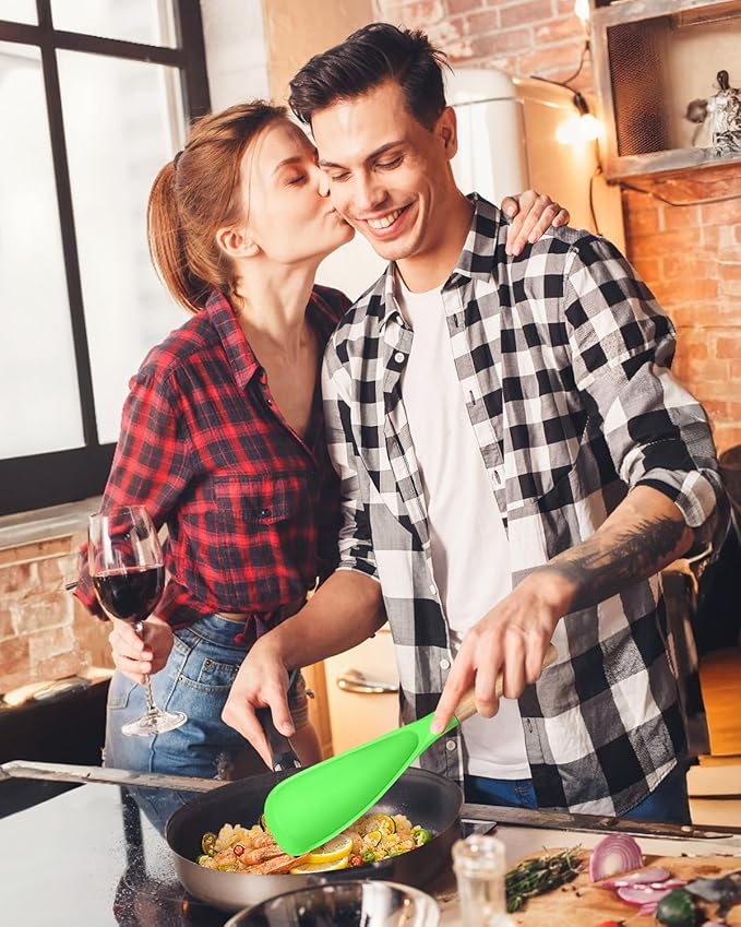 Cooking Spoon for Nonstick Cookwares, Great for Cooking and Serving Sturdy BPA-Free Matte Silicone, Wood Handle Spoon for Mixing, Scoop, and Scrape (Apple Green)