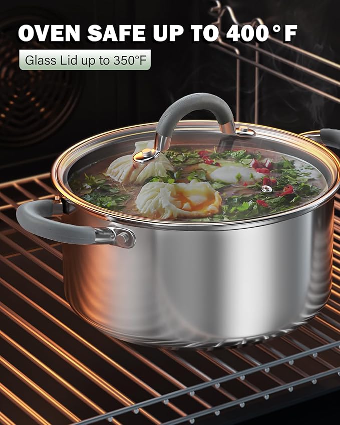 Cook N Home Kitchen Cookware Set, 12-Piece Basics Stainless Steel Pots and Pans Set with Gray Silicone Handle, Silver