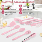TeamFar Kitchen Cooking Utensils, 10 pcs Silicone Cooking Utensils Set, 446°F Heat Resistant Kitchen Gadgets Tools Set w/Spatula, Turners, Spoons, Soup Ladle, Pasta Server for Nonstick Cookware, Pink