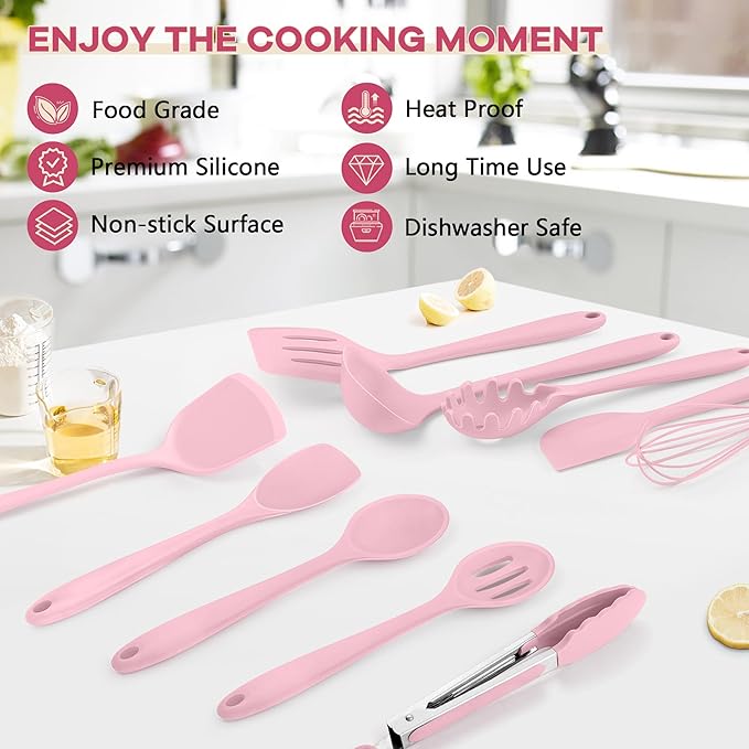 TeamFar Kitchen Cooking Utensils, 10 pcs Silicone Cooking Utensils Set, 446°F Heat Resistant Kitchen Gadgets Tools Set w/Spatula, Turners, Spoons, Soup Ladle, Pasta Server for Nonstick Cookware, Pink