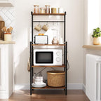 HOOBRO Kitchen Bakers Rack with Storage, 4 Tiers Coffee Bar Station, Microwave Stand with 8 S-Shaped Hooks, Kitchen Storage Shelf Rack for Small Spaces, Rustic Brown and Black BF04HB01