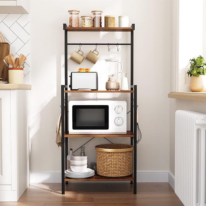 HOOBRO Kitchen Bakers Rack with Storage, 4 Tiers Coffee Bar Station, Microwave Stand with 8 S-Shaped Hooks, Kitchen Storage Shelf Rack for Small Spaces, Rustic Brown and Black BF04HB01