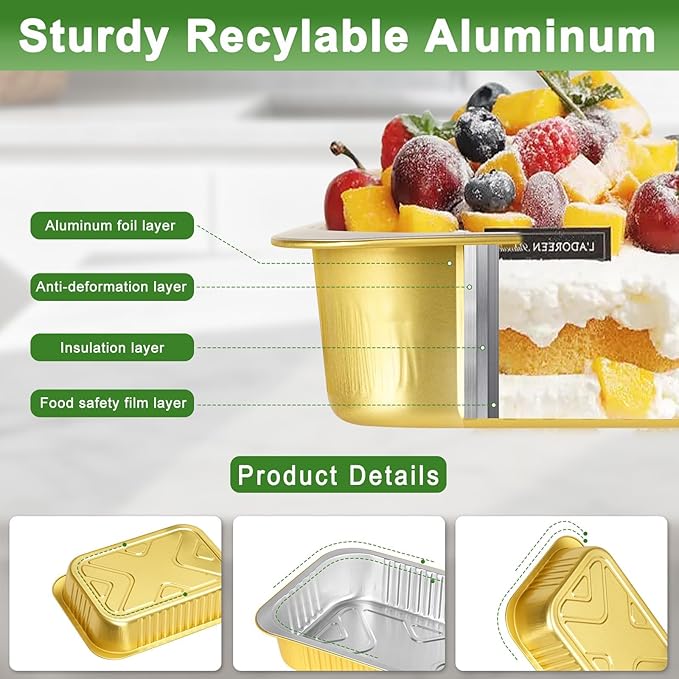 11"×8"×2" - 20 Pack 5LB/80oz Gold Aluminum Foil Pans with Lids Heavy Duty, Foil Food Containers with Lids, Tin Foil Pans for Baking, Meal Prep, Freezer, Heating and Takeout