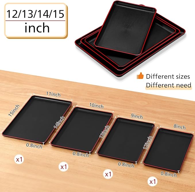 Rtteri Set of 4 Large Serving Platter Set 15/14/13/12 Inch Heavy Plastic Serving Trays Unbreakable Rectangular Platter Reusable Wood Grain Tray for Buffet Wedding Christmas Party(Black and Red)