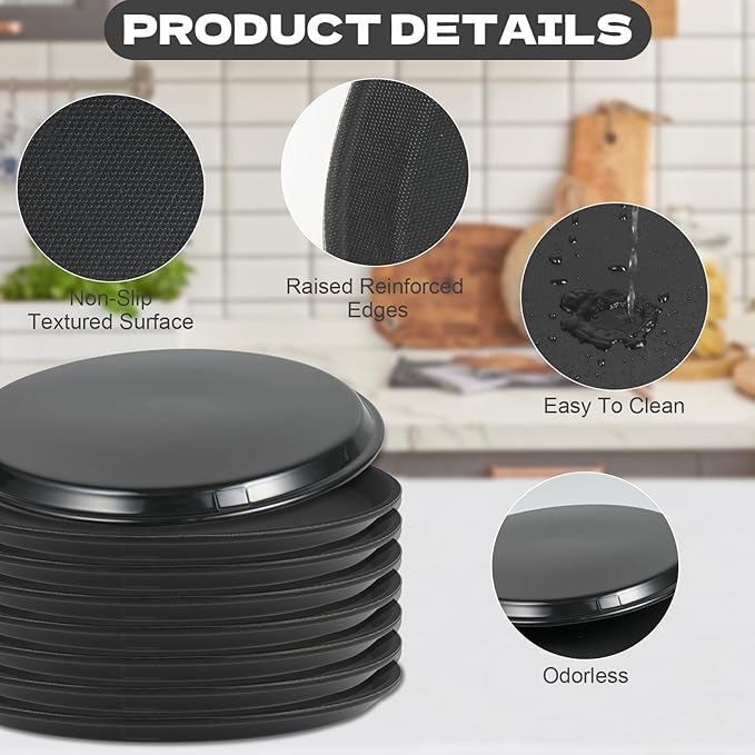 8Pcs Black Round Restaurant Serving Trays, Plastic Non Slip Surface Circle Fruit Appetizer Flat Tray Food Drink Server Tray with Raised Edges for Home, Restaurant, Cafeteria, Bar, Cocktail (14 in)