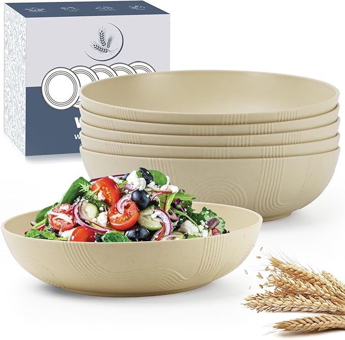 10inch Wheat Straw Big Bowls Set of 6 - Large Salad Bowls 65oz set of 6 - Unbreakable Serving Bowls Microwave & Dishwasher Safe for restaurant - Big Plastic Bowls for Cereal,Salad - Beige Series