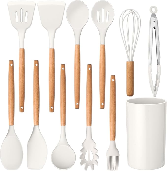 E-far Kitchen Utensils Set of 12, Silicone Cooking Utensils with Holder, Non-stick Cookware Friendly & Heat Resistant, Includes Spatula Tong Whisk Ladle Brush Slotted Turner Spoon (White)