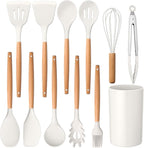 E-far Kitchen Utensils Set of 12, Silicone Cooking Utensils with Holder, Non-stick Cookware Friendly & Heat Resistant, Includes Spatula Tong Whisk Ladle Brush Slotted Turner Spoon (White)