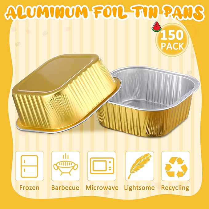 Aoriher 150 Pieces 10 oz Mini Cake Pans with Lids Aluminum Foil Baking Cups Square Disposable 4" x 4" Large Cupcake Cups Baking Tins for Kitchen Brownie Pudding Desserts Holders(Gold, Silver)