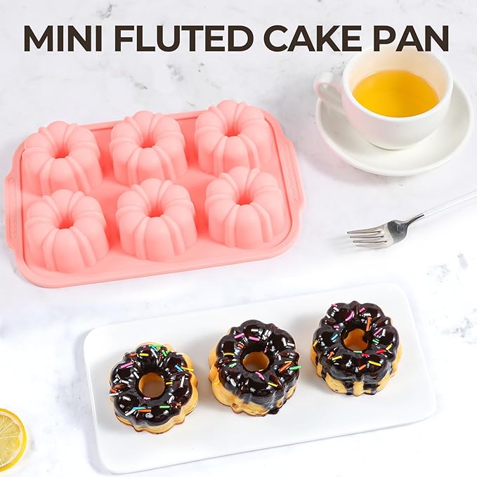 Mini Fluted Tube Cake Pans for Baking with Metal Reinforced Frame, 2Pcs Silicone 6-Cavity Mini Flan Molds, Nonstick Baking Mold for Cupcake, Brownie, Donuts, Cornbread, Jello