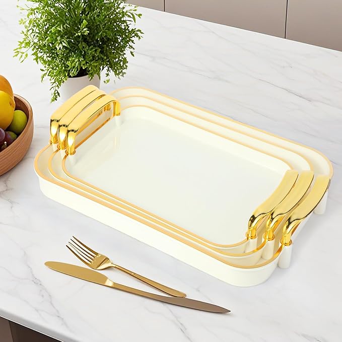 3 Pack Serving Tray with Handles, Stackable Reusable Trays for Serving Food, Plastic Serving Platters for Party, Charcuterie, Fruit, Appetizer, Cream Gold
