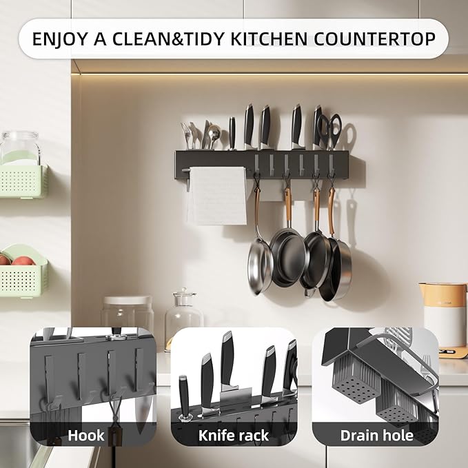 NET MEYA Stainless Steel Pot and Pan Hanger,Wall Mounted Pot Rack Kitchen Hanging Rail With S Hooks,Detachable Pans Hanging Rail Kitchen Lids Utensils Hanger,15.7 Inch Wall Mounted Hanging Pot Rack