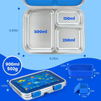 MaMix Stainless Steel Kids Lunch Box, 3 Compartments Leak-Proof Bento Box for Kids for Sandwich, Lunch Containers Freezer Safe (Blue)